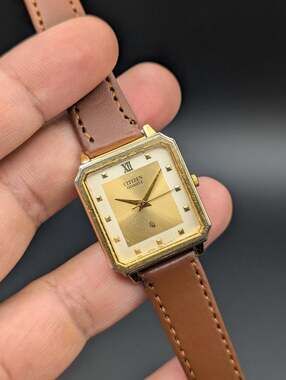 Vintage Citizen Gold-Tone Quartz Ladies Watch, Two-Tone Dial Brown Strap